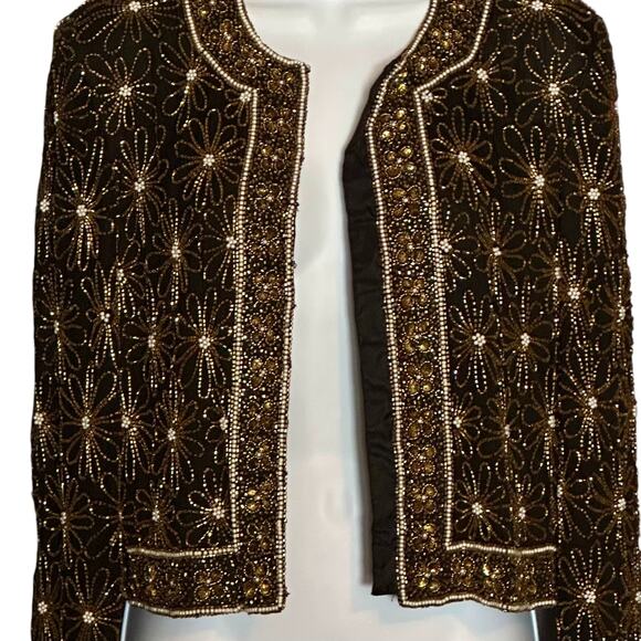 Vintage 90s Papell Boutique Beaded Silk Evening Jacket 4P Black Gold Formal Glam - Picture 5 of 10